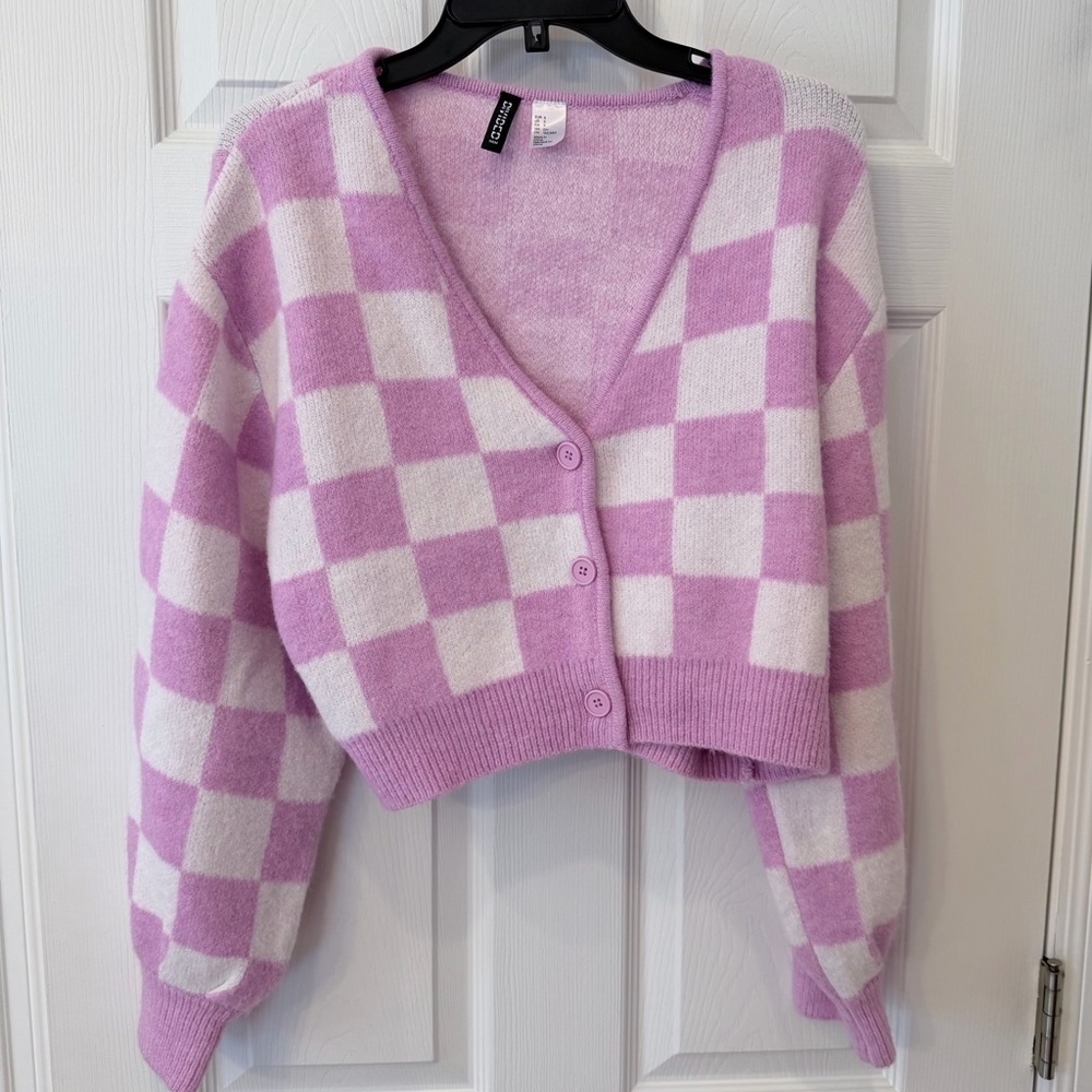 H&M Pink and White Checkered Cardigan